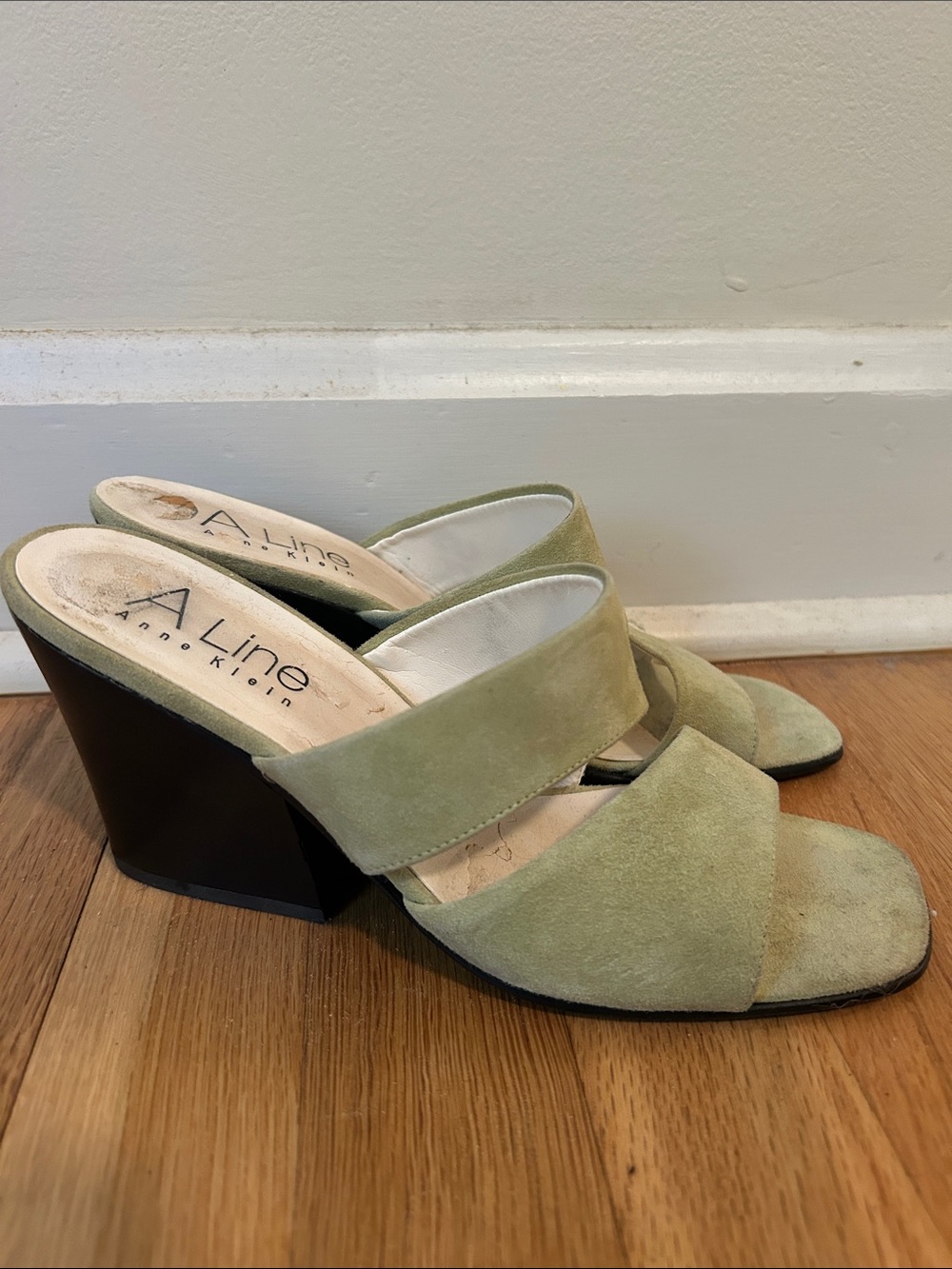 Anne Klein Sage Green Suede Slip-On Mules with Block Heel